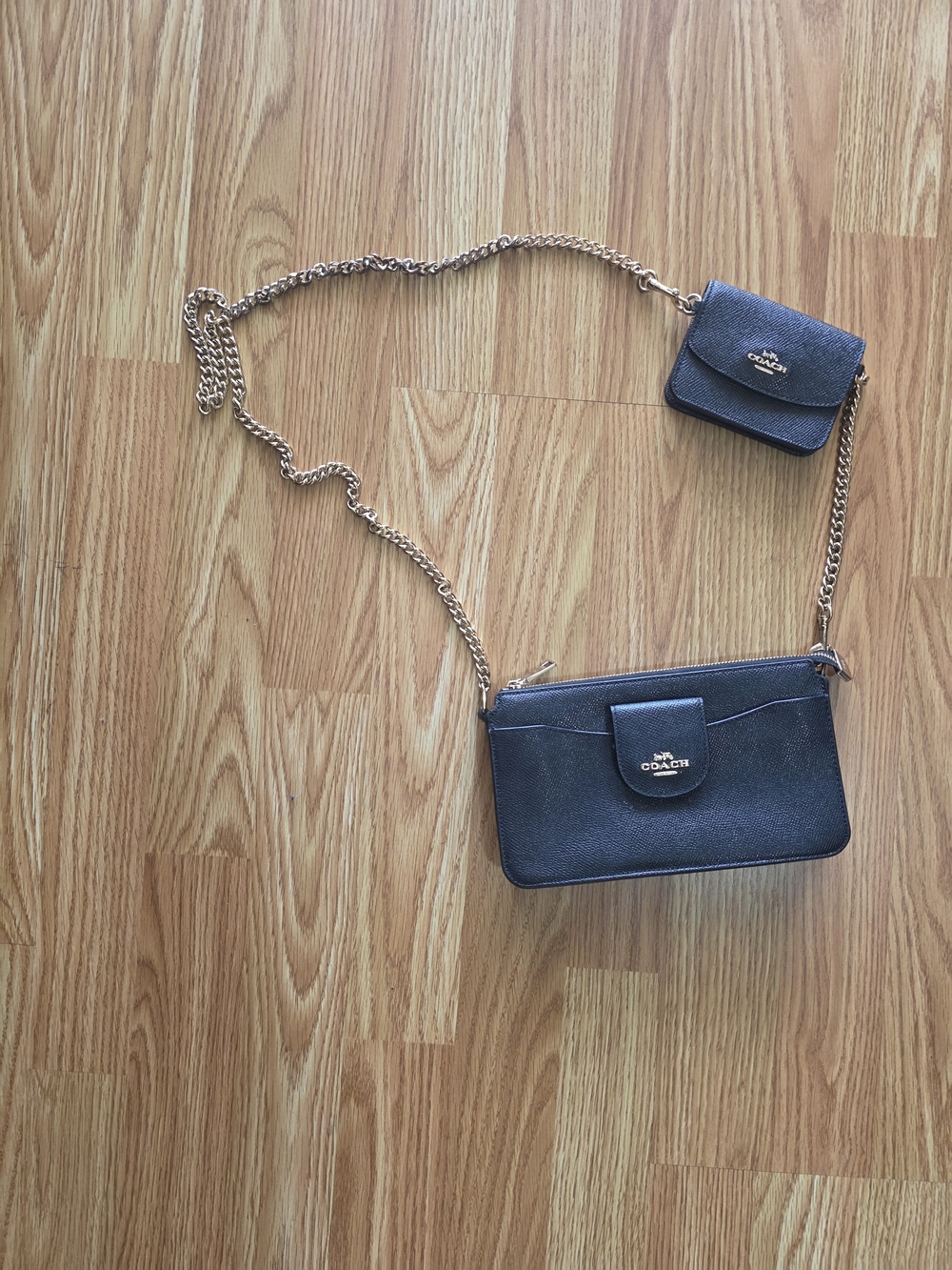 Coach Black Leather Double Pouch Crossbody with Gold Chain